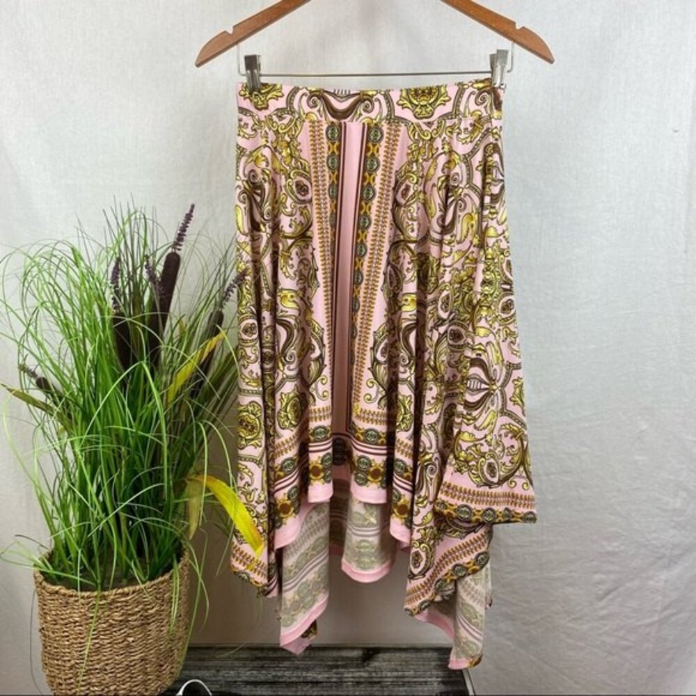 Venus Pink & Gold Print Asymmetric Hem Full A Line Skirt XS - Picture 2 of 7